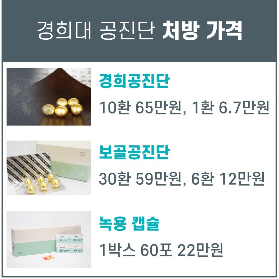 경희대 공진단 처방 가격 정보와 경희공진단, 보골공진단, 녹용 캡슐 제품 사진 및 가격이 나열된 이미지 — 서울 바로한의원 초음파 약침·도침