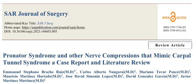 SAR Journal of Surgery 학술지 논문 '손목터널증후군을 모방하는 회내근 증후군 및 기타 신경 압박' 제목 페이지 — 초음파 약침·도침 임상 논문 | 서울 바로한의원