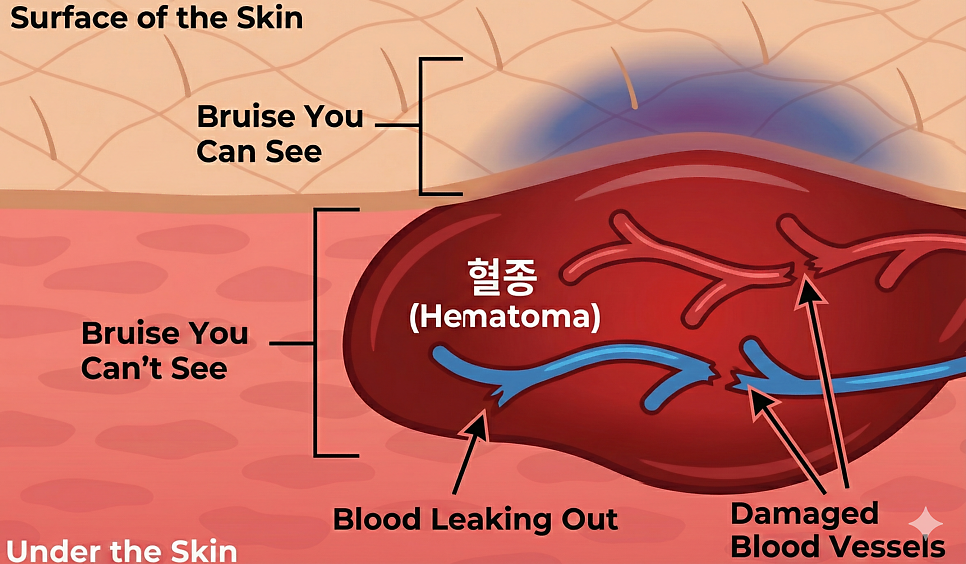 피부 단면도에서 손상된 혈관에서 혈액이 새어 나와 피부 아래에 혈종(hematoma)이 형성되는 모습을 보여주는 그림 — 서울 바로한의원 초음파 약침·도침