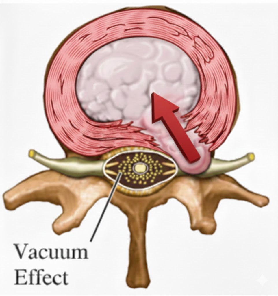 척추 디스크 단면도에서 디스크 내부로 향하는 빨간색 화살표와 'Vacuum Effect' 문구가 있는 그림 — 서울 바로한의원 초음파 약침·도침