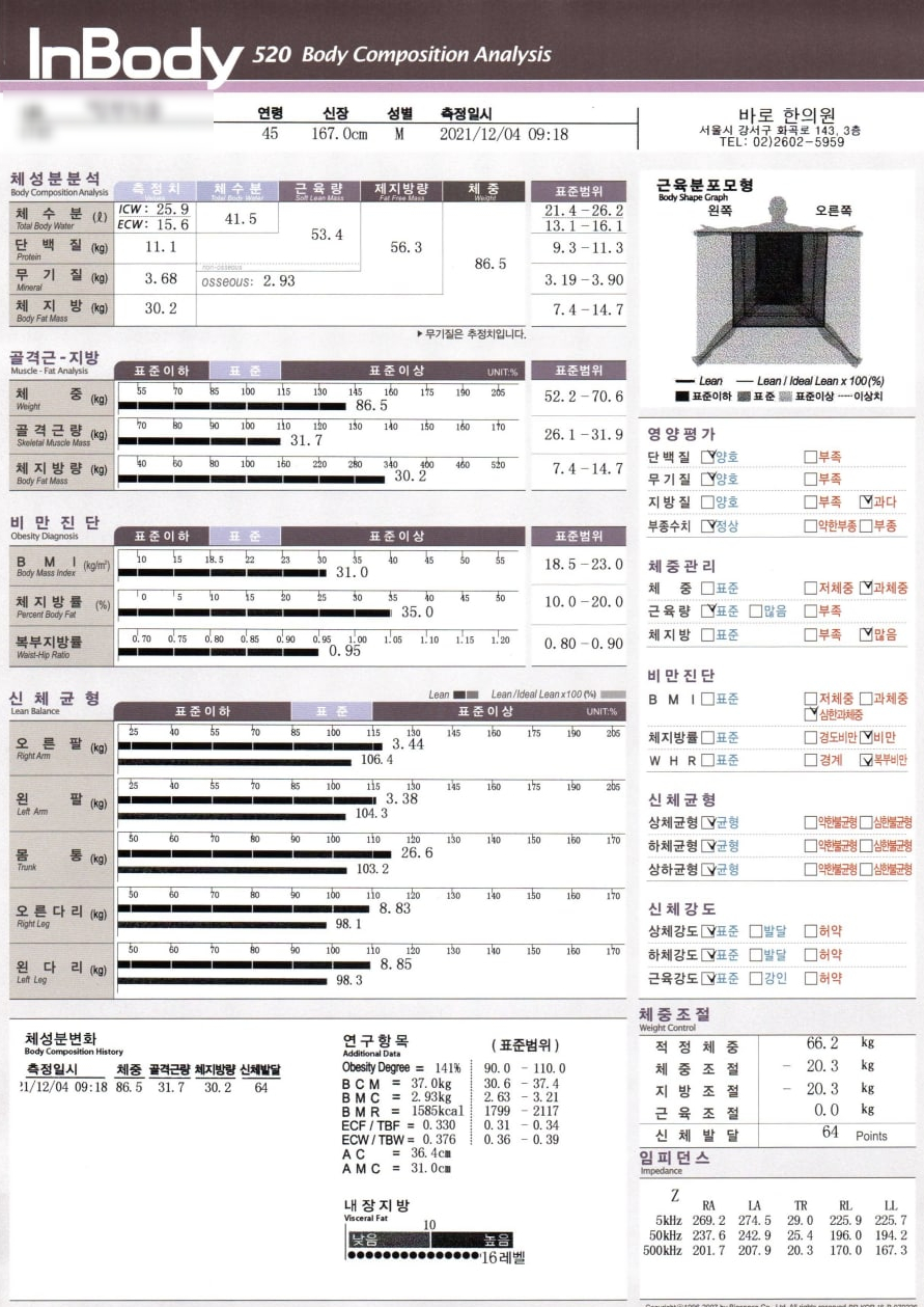 45세 남성의 2021년 12월 4일자 인바디 520 체성분 분석 결과지 — 서울 바로한의원 초음파 약침·도침