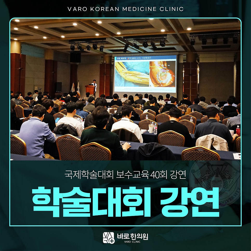 강연자가 무대에서 발표하고 있으며, 많은 참석자들이 앉아 강연을 듣고 있습니다. 스크린에는 초음파 관련 해부학 그림이 보입니다 — 대한한의영상학회 초음파 약침·도침 강의 | 서울 바로한의원