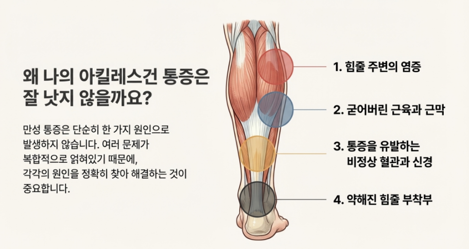 아킬레스건 통증의 복합적인 원인을 설명하는 다리 근육 해부도 일러스트 — 서울 바로한의원 초음파 약침·도침