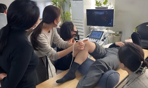한의사가 환자의 무릎에 초음파 기기를 대고 진료하는 모습을 다른 한의사들이 지켜보고 있다 — 대한한의영상학회 초음파 약침·도침 강의 | 서울 바로한의원