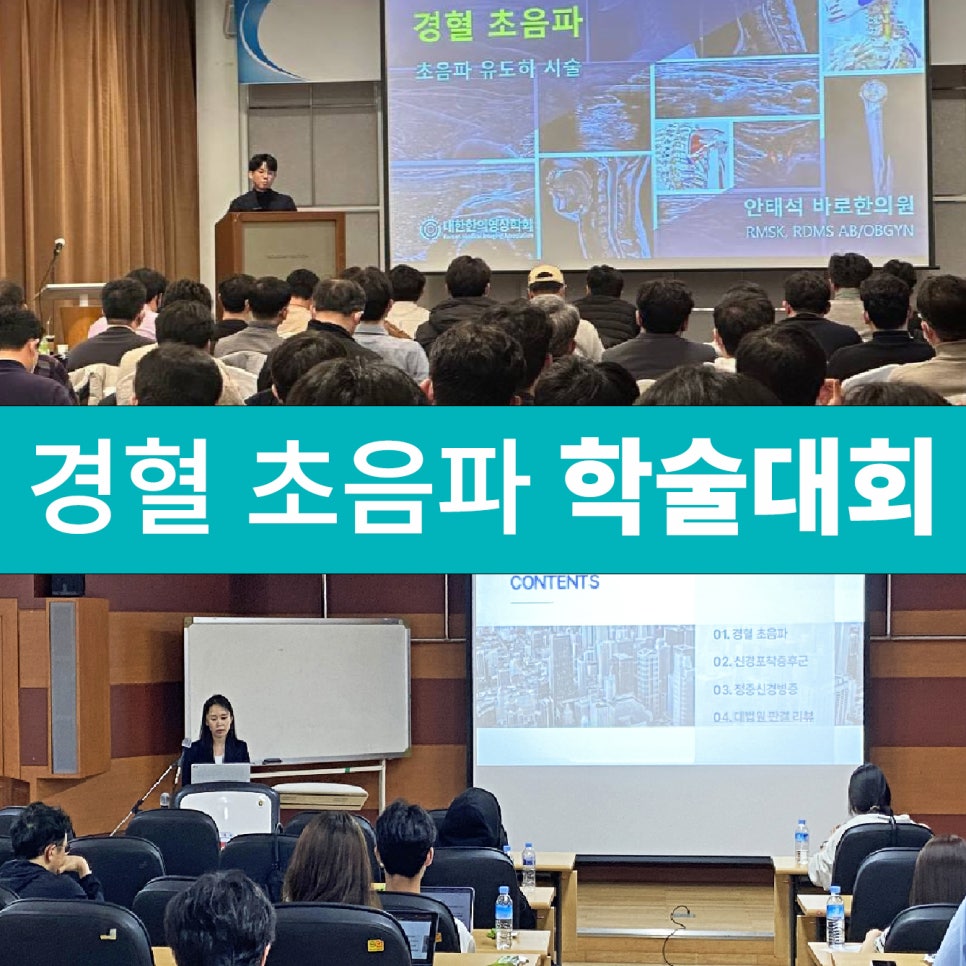 강당에서 강사가 발표하고 참석자들이 경혈 초음파 학술대회 화면을 보고 있는 모습 — 대한한의영상학회 초음파 약침·도침 강의 | 서울 바로한의원
