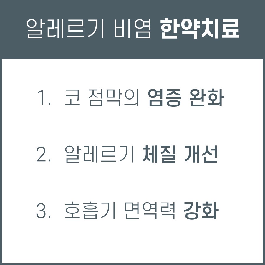 알레르기 비염 한약 치료의 세 가지 효과를 나열한 이미지 — 서울 바로한의원 초음파 약침·도침