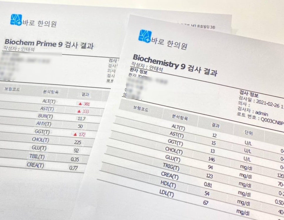바로 한의원 로고가 있는 두 장의 검사 결과지가 놓여 있으며, 혈액 검사 항목과 수치 중 감마지티피(GGT) 수치가 높게 표시되어 있다 — 서울 바로한의원 초음파 약침·도침
