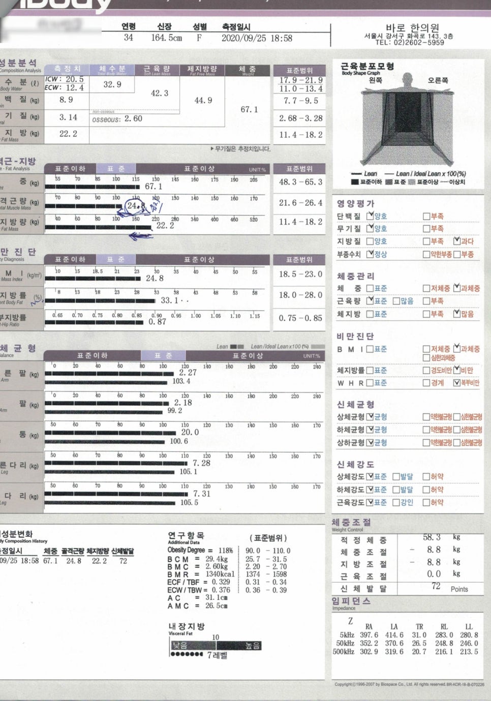 신체 구성 성분, 근육량, 체지방량, 체중 등 다양한 측정 결과가 기록된 인바디 검사지이다 — 서울 바로한의원 초음파 약침·도침