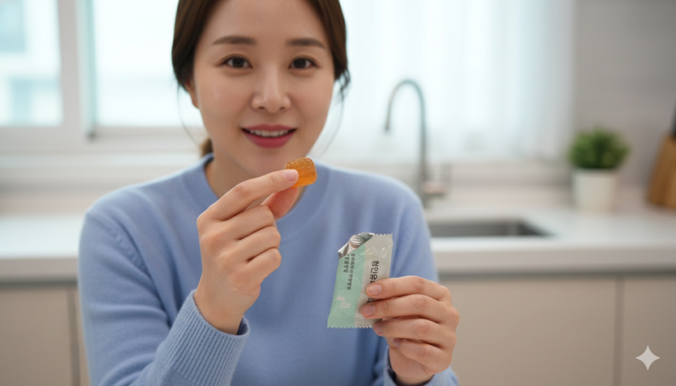 한 여성이 청인유쾌환 젤리와 포장지를 들고 미소 짓고 있다 — 서울 바로한의원 초음파 약침·도침