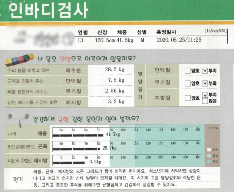 13세 남학생의 인바디 검사 결과가 표시된 용지로, 신체 구성 성분과 평가 내용이 담겨 있습니다 — 서울 바로한의원 초음파 약침·도침