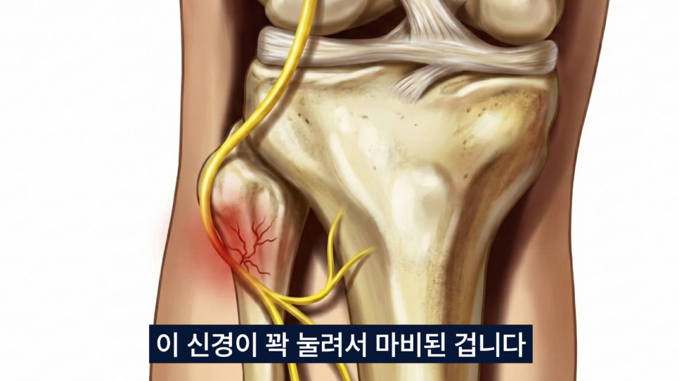 무릎 아래 비골두 주변의 신경이 압박되어 마비된 모습을 묘사한 그림 — 서울 바로한의원 초음파 약침·도침