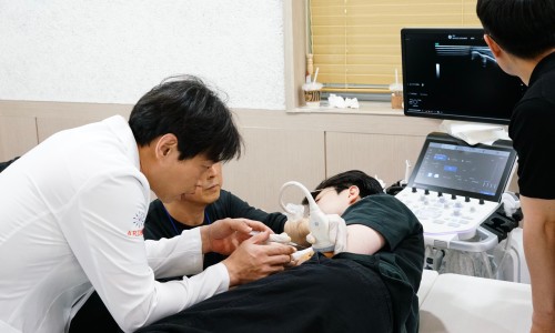 한의사가 환자의 팔에 초음파 검사를 진행하고 있으며, 다른 한 명이 초음파 모니터를 주시하고 있다 — 초음파 정밀 진단 | 서울 바로한의원 초음파 약침·도침·침도