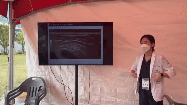 하얀색 가운을 입고 마스크를 쓴 여성이 초음파 영상이 보이는 모니터 옆에 서 있는 모습 — 초음파 정밀 진단 | 서울 바로한의원 초음파 약침·도침·침도