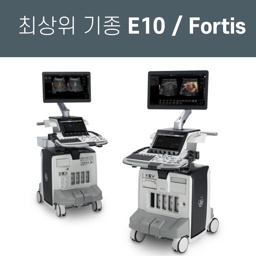GE LOGIQ E10과 Fortis 초음파 진단기 두 대가 나란히 서 있는 모습 — 초음파 정밀 진단 | 서울 바로한의원 초음파 약침·도침·침도