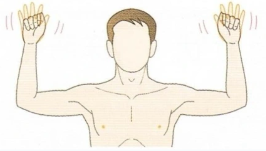 상반신을 그린 그림으로, 양팔을 들어 팔꿈치를 굽히고 주먹을 쥔 모습과 손 주변의 흔들리는 선 — 서울 바로한의원 초음파 약침·도침