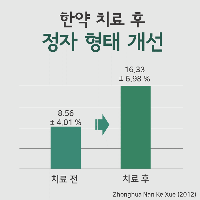한약 치료 전후 정자 형태 변화를 보여주는 막대 그래프로, 치료 전 8.56%에서 치료 후 16.33%로 변화를 나타낸다 — 서울 바로한의원 초음파 약침·도침
