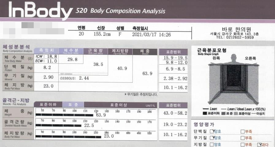 인바디 520 체성분 분석 결과지. 20대 여성의 측정 데이터로, 체중, 체지방량, 골격근량 등의 수치와 근육 분포 모형이 표시되어 있다 — 서울 바로한의원 초음파 약침·도침