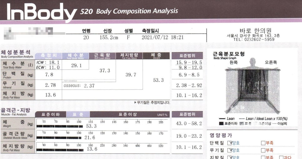 인바디 520 체성분 분석 결과지이며, 20대 여성의 체성분, 골격근-지방 분석, 근육 분포 모형 등이 표시되어 있다 — 서울 바로한의원 초음파 약침·도침
