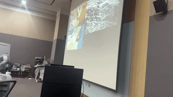 강의실에서 의료 기기들과 함께 초음파 관련 이미지가 투사된 스크린이 보이는 모습 — 대한한의영상학회 초음파 약침·도침 강의 | 서울 바로한의원