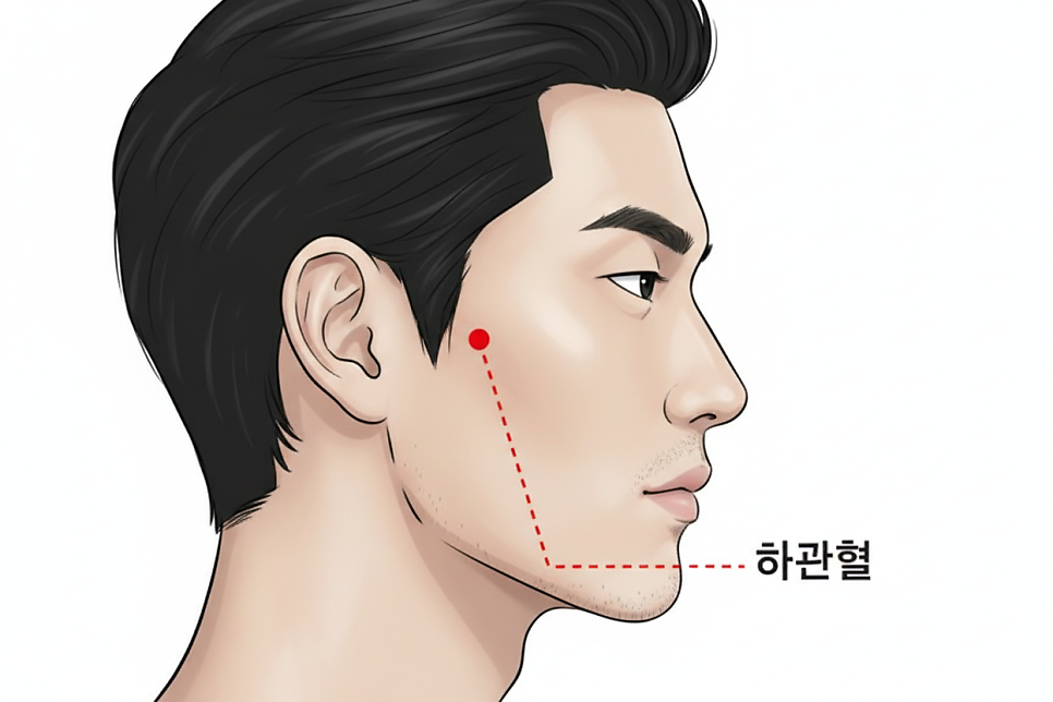 남성의 옆모습 일러스트에서 귀 아래 턱관절 부위에 하관혈(ST7) 혈자리가 붉은 점과 점선으로 표시되어 있다 — 서울 바로한의원 초음파 약침·도침