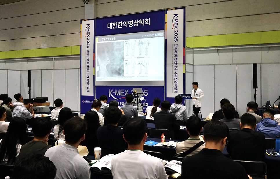 강사가 청중에게 근골격계 관련 자료가 보이는 스크린 앞에서 강의하는 모습 — 대한한의영상학회 초음파 약침·도침 강의 | 서울 바로한의원