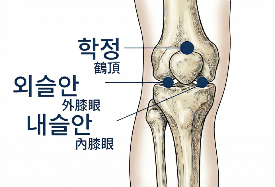 무릎 관절의 뼈와 학정, 외슬안, 내슬안 혈자리를 표시한 그림 — 서울 바로한의원 초음파 약침·도침