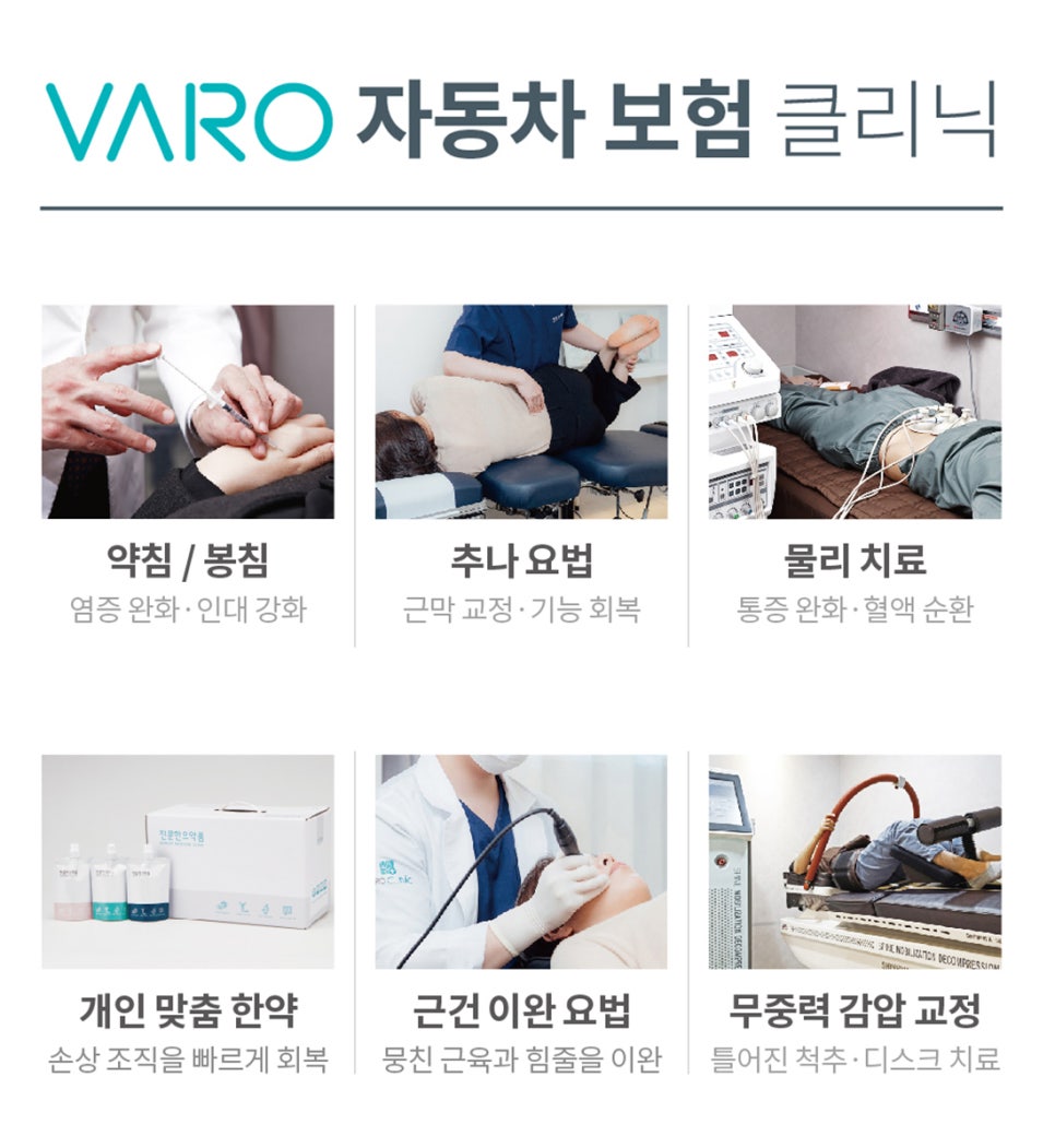 한의원에서 자동차 사고 후유증 치료를 위한 약침, 추나, 물리치료, 한약, 근건 이완 요법, 무중력 감압 교정 등 여섯 가지 치료법을 소개하는 안내 이미지 — 서울 바로한의원 초음파 약침·도침