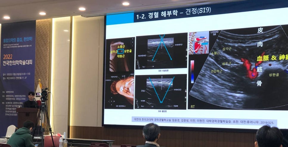 한의학술대회에서 경혈 해부학 및 초음파 이미지를 보여주는 발표 슬라이드와 청중의 모습 — 대한한의영상학회 초음파 약침·도침 강의 | 서울 바로한의원