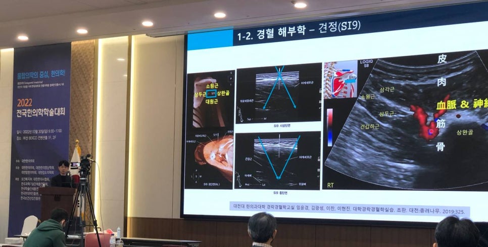한의학술대회에서 발표자가 강연하고 있으며, 스크린에는 경혈 해부학 및 견정(SI9) 관련 초음파 영상과 해부학적 그림이 표시되어 있다 — 대한한의영상학회 초음파 약침·도침 강의 | 서울 바로한의원