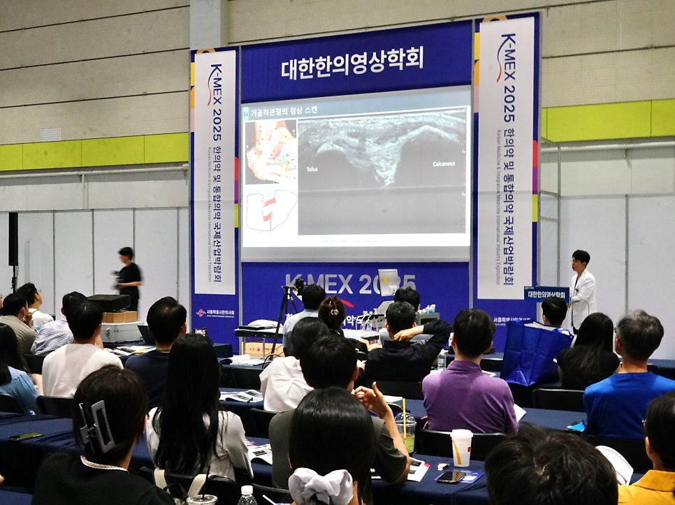 강의실에서 강사가 청중에게 발목 초음파 영상이 보이는 스크린을 보며 설명하고 있다 — 대한한의영상학회 초음파 약침·도침 강의 | 서울 바로한의원