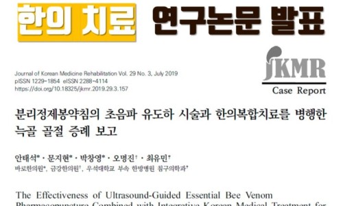 한의 치료 연구논문 발표라는 제목과 늑골 골절 증례 보고에 대한 한의학 저널 논문 페이지가 보이는 이미지 — 대한한의영상학회 초음파 약침·도침 강의 | 서울 바로한의원