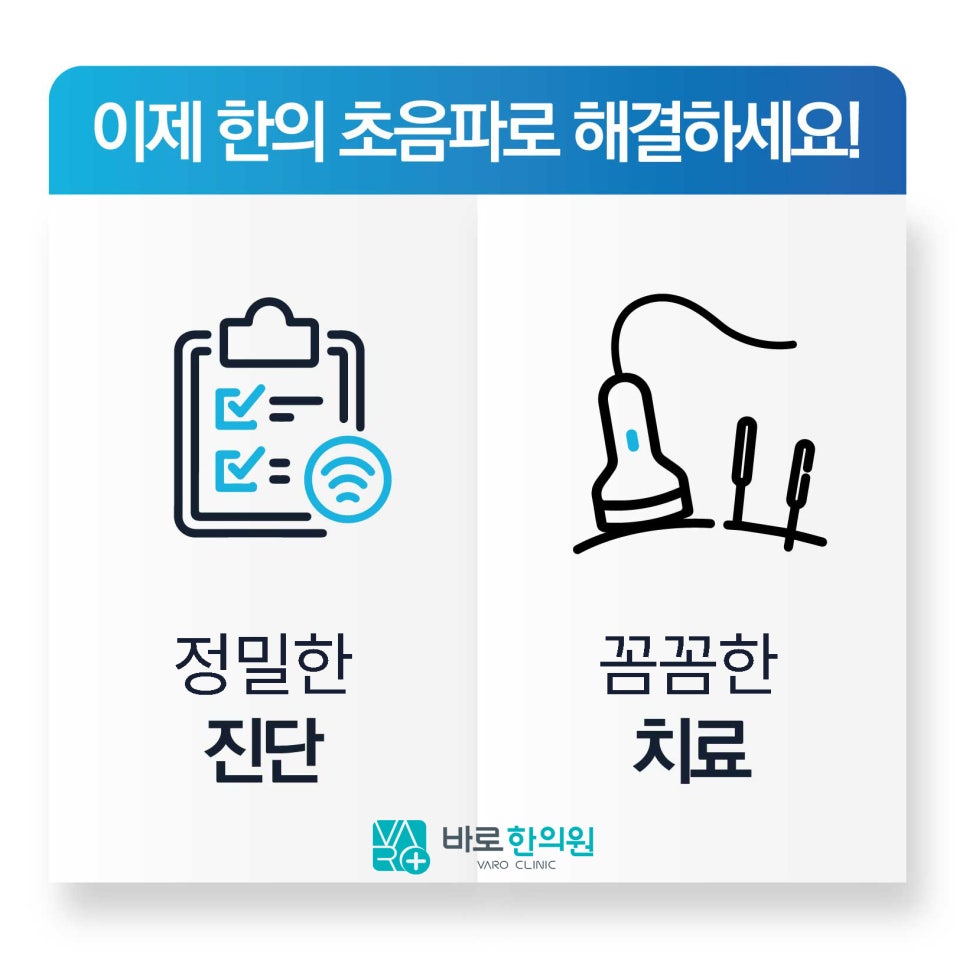 한의 초음파를 이용한 정밀 진단과 꼼꼼한 치료를 나타내는 아이콘과 문구가 있는 이미지 — 초음파 정밀 진단 | 서울 바로한의원 초음파 약침·도침·침도