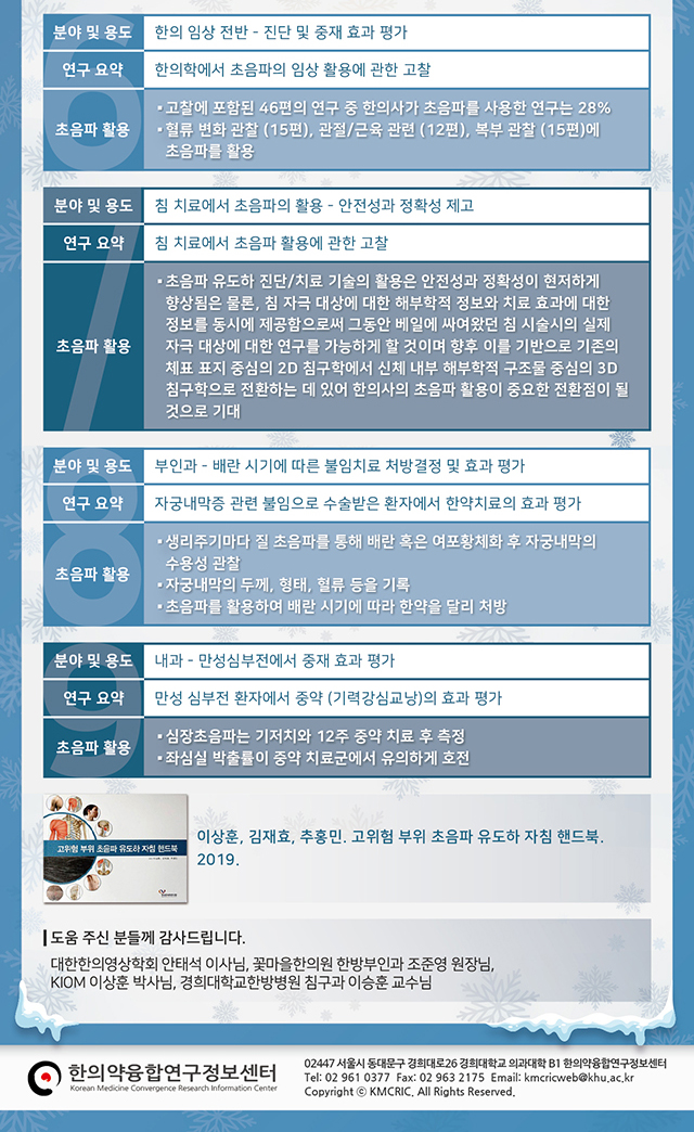 한의약 융합연구 정보센터에서 발행한 한의학 초음파 활용 연구 요약 문서와 관련 서적 표지 — 초음파 약침·도침 임상 논문 | 서울 바로한의원