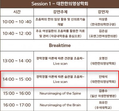 대한한의영상의학회 세션 1의 학술대회 강연 시간표로, 초음파 관련 강연 주제와 강연자가 기재되어 있습니다 — 대한한의영상학회 초음파 약침·도침 강의 | 서울 바로한의원