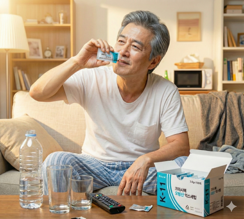 흰색 티셔츠를 입은 중년 남성이 소파에 앉아 크라시에 K-11 오령산 약을 복용하고 있다. 테이블 위에는 물병, 컵, 리모컨, 그리고 크라시에 K-11 오령산 상자가 놓여 있다 — 서울 바로한의원 초음파 약침·도침
