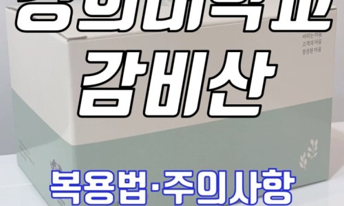 경희대학교 감비산과 복용법·주의사항 문구가 적힌 연한 색상의 상자 — 서울 바로한의원 초음파 약침·도침