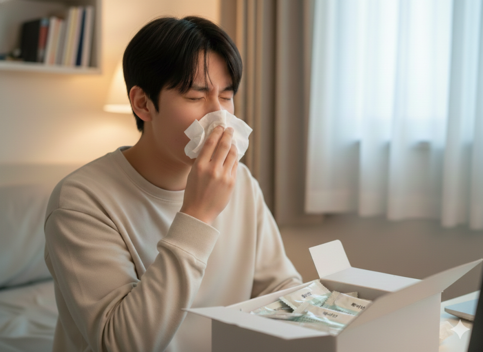 휴지로 코를 풀고 있는 남성과 택배로 받은 약 상자 — 서울 바로한의원 초음파 약침·도침