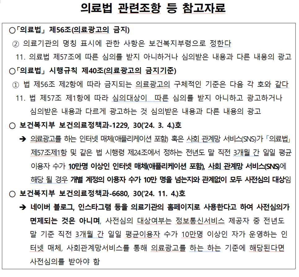 의료법 관련 조항 및 의료광고 금지 기준, 사전 심의 대상에 대한 보건복지부 유권해석 내용이 담긴 문서입니다 — 서울 바로한의원 초음파 약침·도침