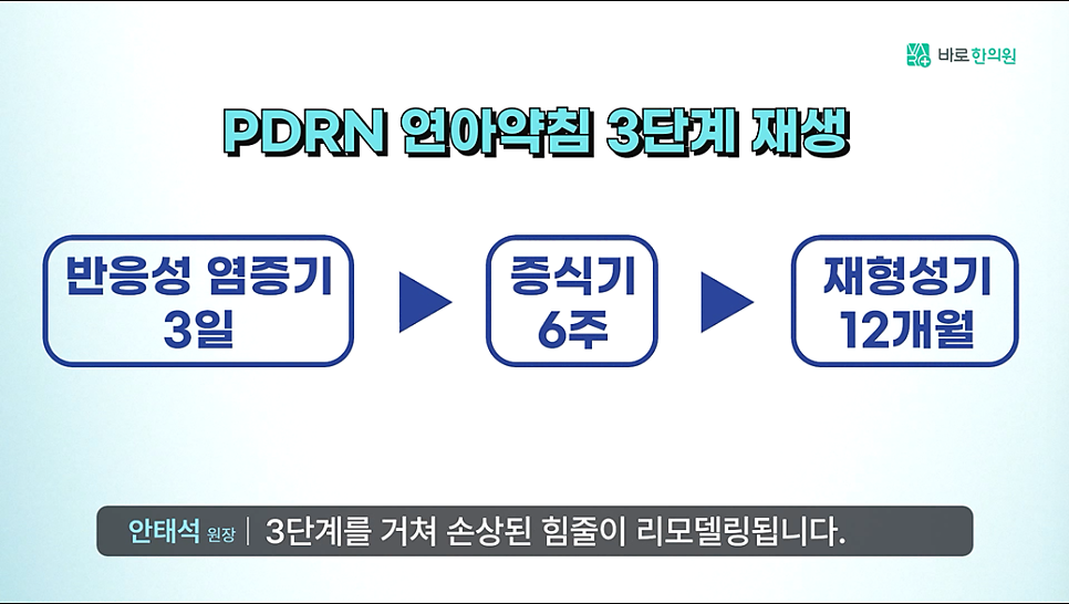 PDRN 연아약침의 3단계 재생 과정을 설명하는 다이어그램으로, 반응성 염증기, 증식기, 재형성기 각 단계의 기간이 표시되어 있다 — 서울 바로한의원 초음파 약침·도침