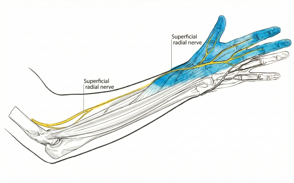 팔과 손의 얕은노신경(superficial radial nerve)의 해부학적 구조와 신경 분포 영역을 보여주는 그림 — 서울 바로한의원 초음파 약침·도침