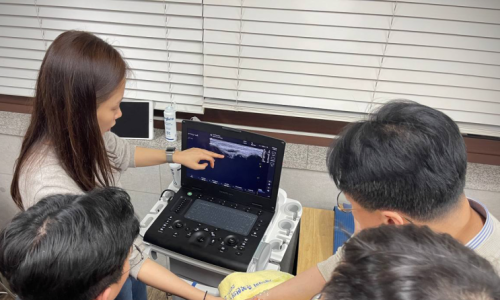 한의사가 초음파 모니터 화면을 가리키며 다른 사람들에게 설명하고 있는 모습 — 초음파 정밀 진단 | 서울 바로한의원 초음파 약침·도침·침도