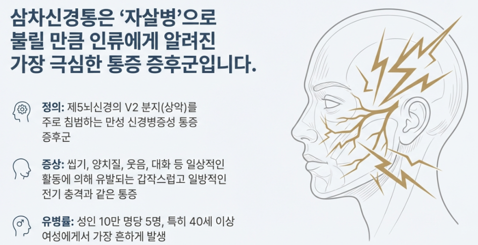 삼차신경통의 정의, 증상, 유병률 정보와 함께 얼굴의 삼차신경 부위에 통증이 표현된 일러스트 — 서울 바로한의원 초음파 약침·도침