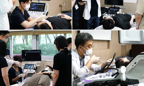 여러 사람이 초음파 기기를 사용하여 환자에게 도침 및 약침 시술을 실습하거나 참관하는 모습 — 대한한의영상학회 초음파 약침·도침 강의 | 서울 바로한의원