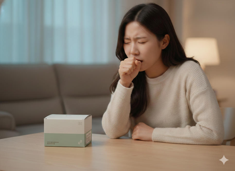 기침하는 여성과 테이블 위의 제품 상자 — 서울 바로한의원 초음파 약침·도침