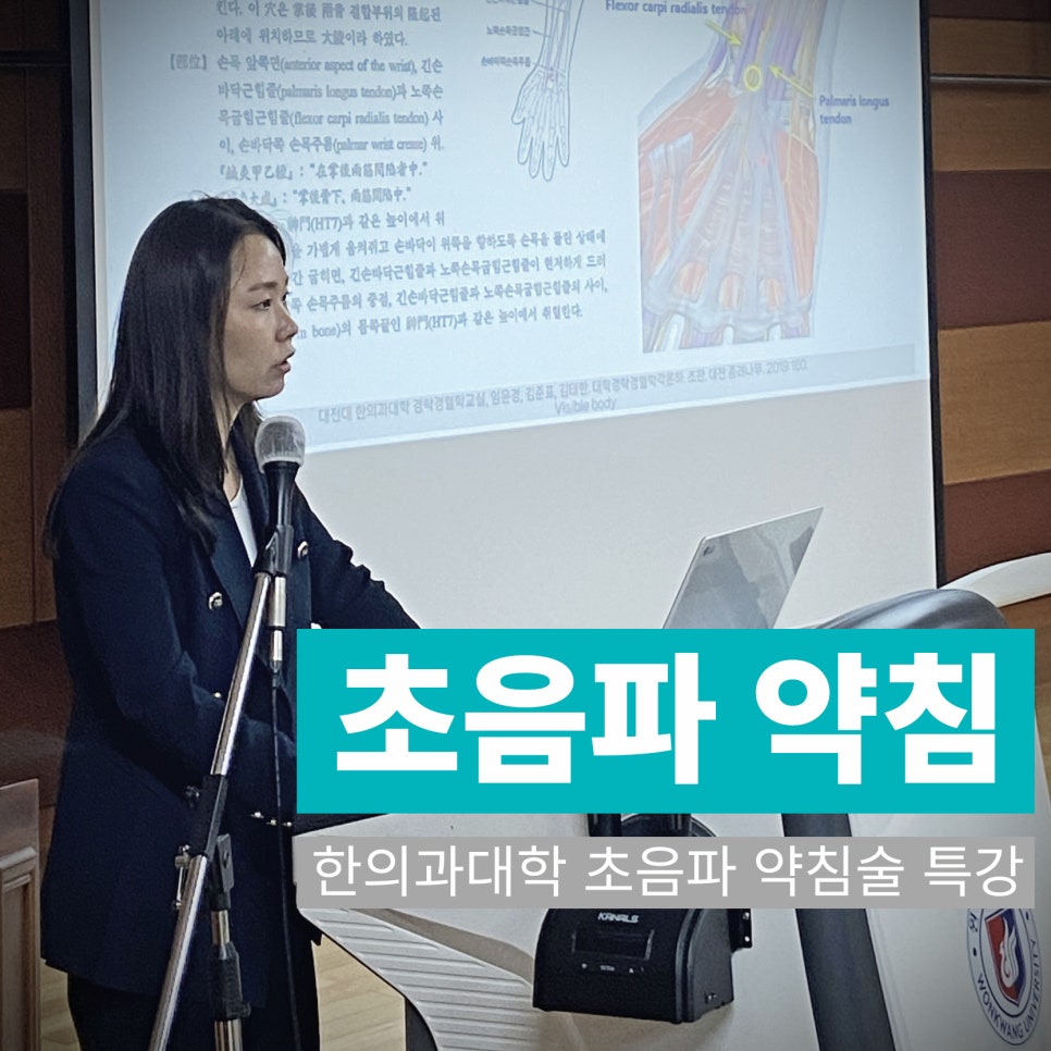 강사가 마이크 앞에서 강연하고 있으며, 뒤 스크린에는 손목 해부학 그림과 설명이 보인다. 화면에 '초음파 약침' 문구가 있다 — 대한한의영상학회 초음파 약침·도침 강의 | 서울 바로한의원 문지현 원장